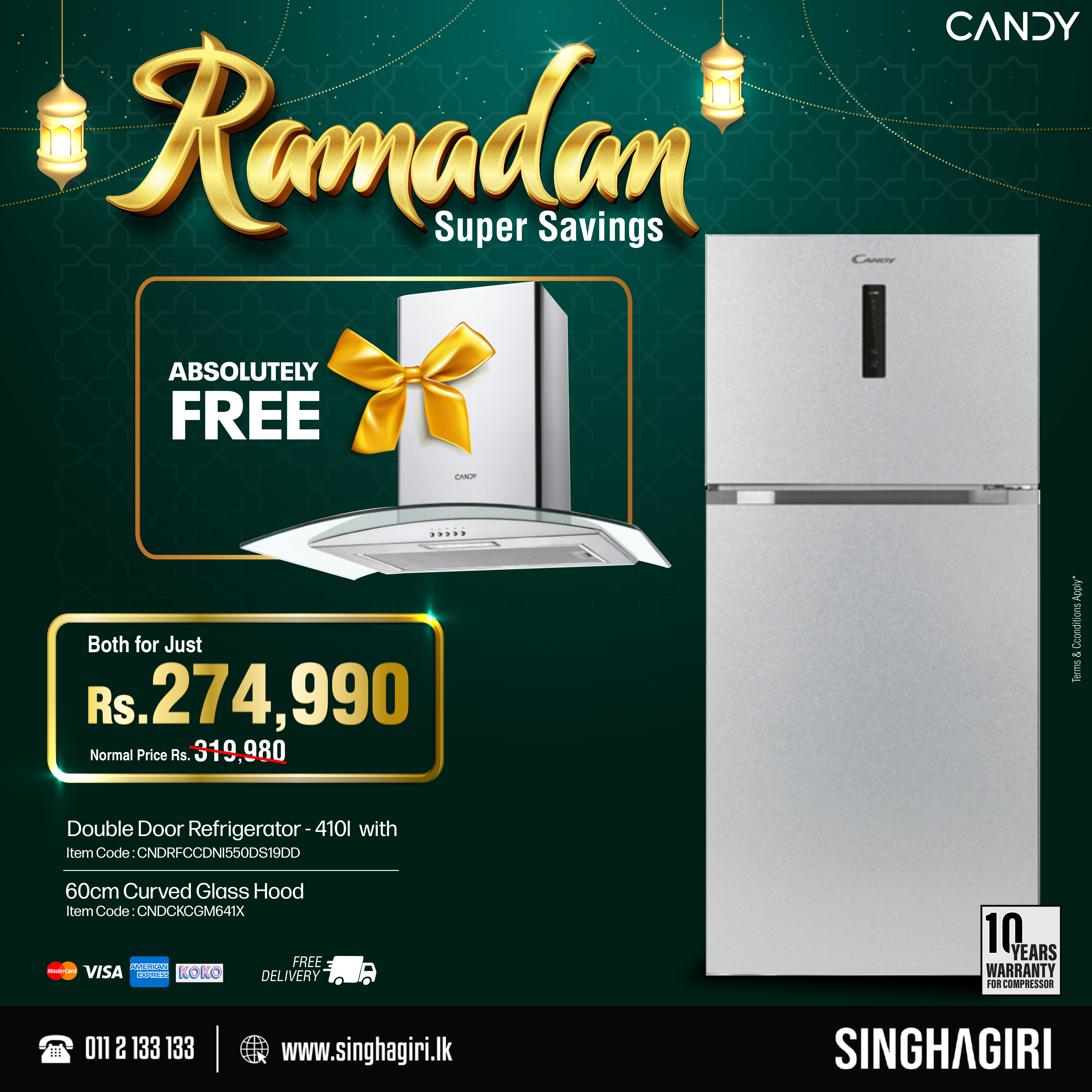 Candy Double Door Refrigerator 410L and 60cm Curved Glass Hood Bundle