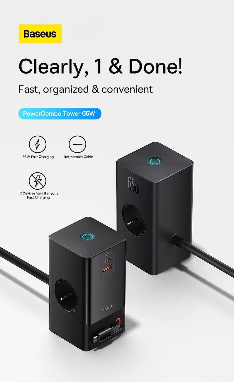 Baseus PowerCombo 65W Digital Power Strip with 1.5m EU Power Cord